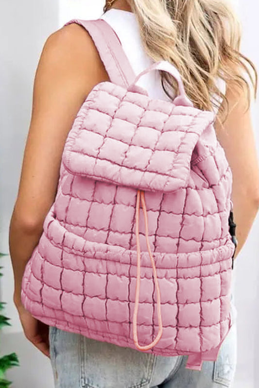 Pink Solid Flapped Quilted Puffer Backpack