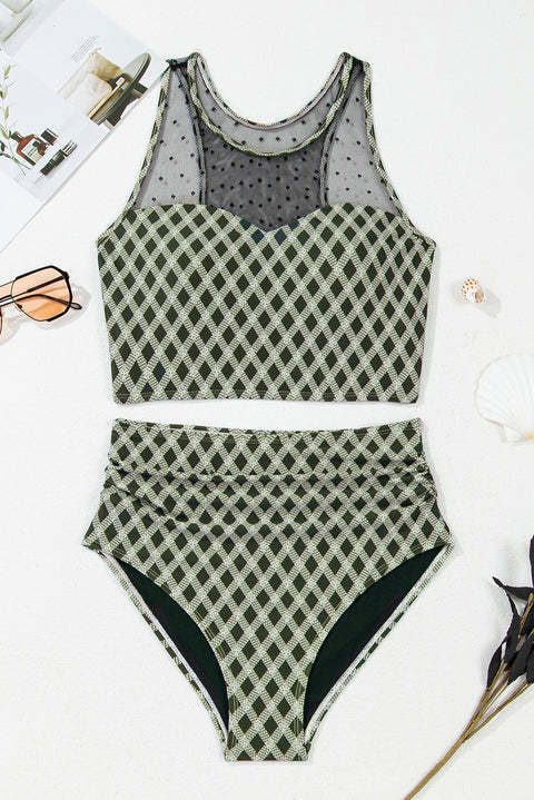 Green Dotted Mesh Plaid Patchwork High Waisted Bikini