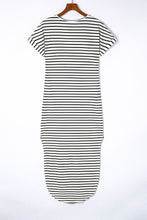 Striped Print Side Split Short Sleeve V Neck Maxi Dress