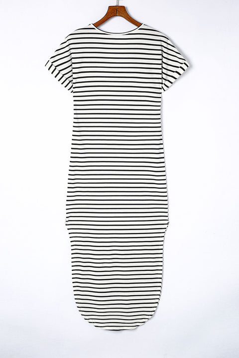 Striped Print Side Split Short Sleeve V Neck Maxi Dress