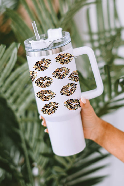 White Valentine Leopard Lips Print Thermos Cuo with Straw