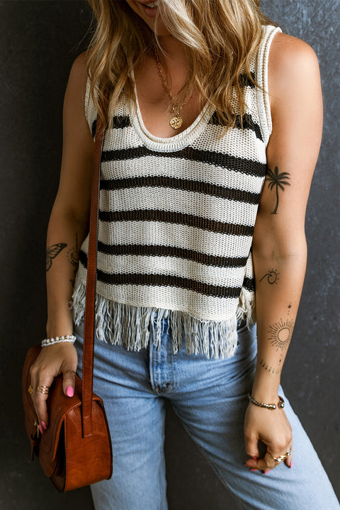 Beige Stripe Loose Knit Fringe Tank Top