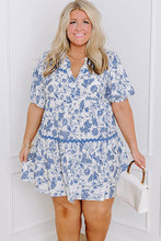 Sky Blue Floral Print Collared V Neck Ric-rac Trim Plus Size Mini Dress