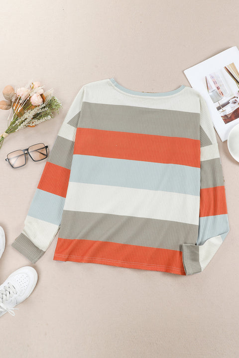 Color Block Ribbed Long Sleeve Top with Pocket