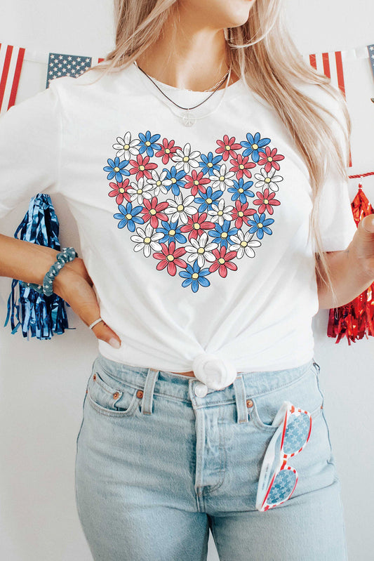 White Daisy Heart Shape Print Round Neck Casual T Shirt