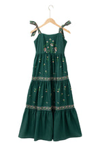 Blackish Green Floral Smocked Back Tied Straps Tiered Maxi Dress