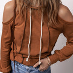 Cinnamon Exposed Seam Cold Shoulder Drawstring Hoodie