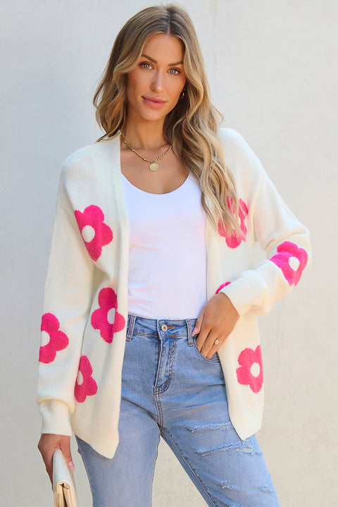 Rose Red Flower Pattern Open Front Cardigan