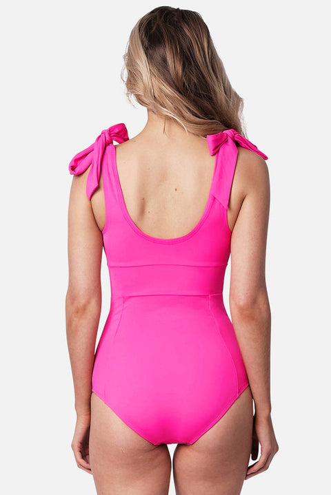 Rose Red Square Neck Knotted Shoulder Open Back One Piece Swimsuit