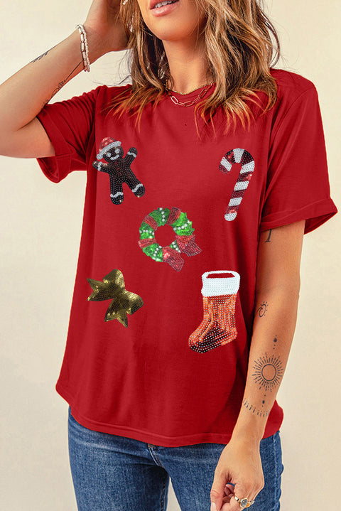 Camiseta roja con estampado de lentejuelas navideñas y cuello redondo