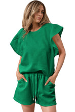 Bright Green Textured Ruffled Sleeve Tee and Drawstring Shorts Set