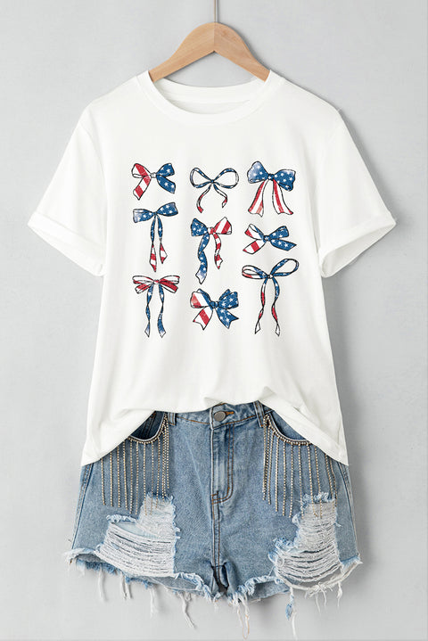 White American Flag Pattern Bowknot Graphic Tee