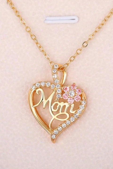 Gold Mom Rhinestone Flower Hollow-out Heart Necklace