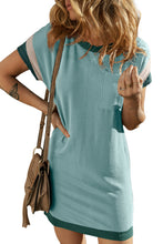 Moonlight Jade Textured Colorblock Edge Patched Pocket T Shirt Dress