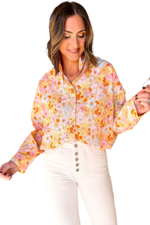 Yellow Floral Print Turn Down Collar Loose Shirt