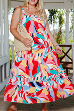 Multicolor Abstract Print Striped Trim Maxi Sundress