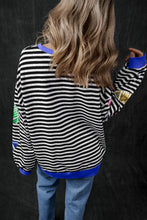 Black Stripe Sequin Rugby Football Drop Shoulder Pullover Sweatshirt