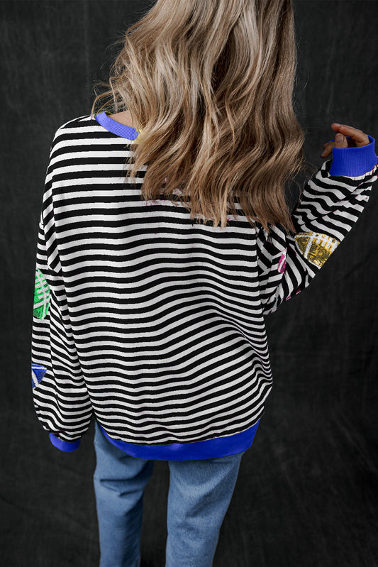 Black Stripe Sequin Rugby Football Drop Shoulder Pullover Sweatshirt