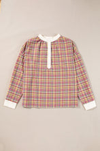 Pink Colorblock Plaid Patchwork Henley Blouse