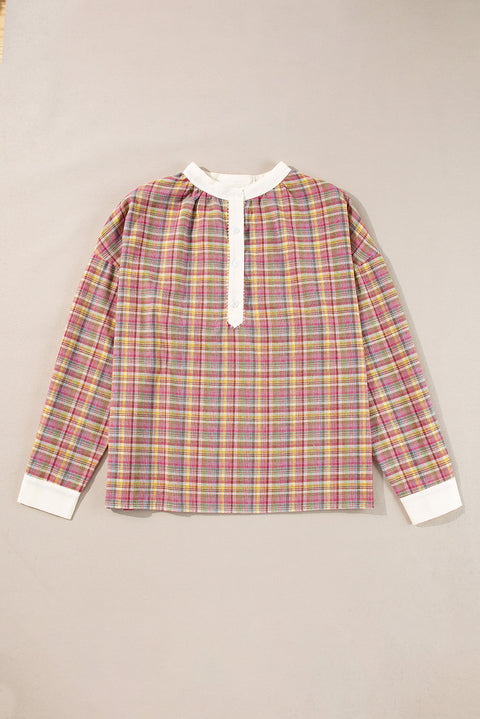 Pink Colorblock Plaid Patchwork Henley Blouse