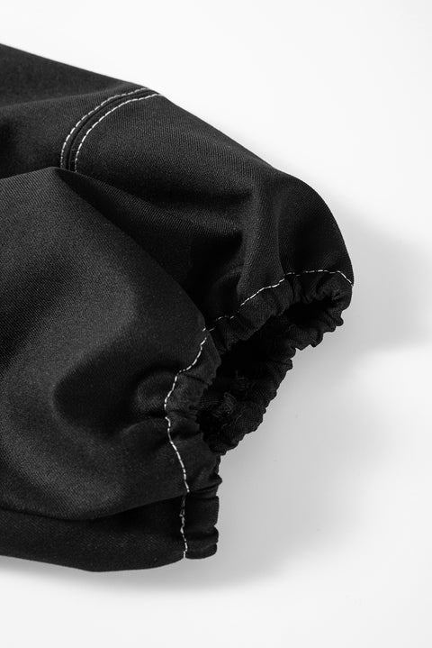 Black Contrast Stitches Detail Puffy Half Sleeve Blouse