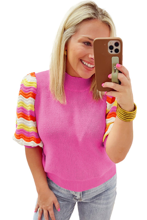 Pink Ribbed Knit Contrast Sleeve Sweater Top