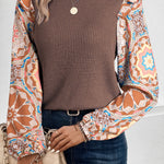 Coffee Ruffled Floral Sleeve Patchwork Waffle Knit O Neck Blouse