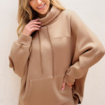 Light French Beige Drawstring Turtleneck Dolman Sleeve Sweatshirt