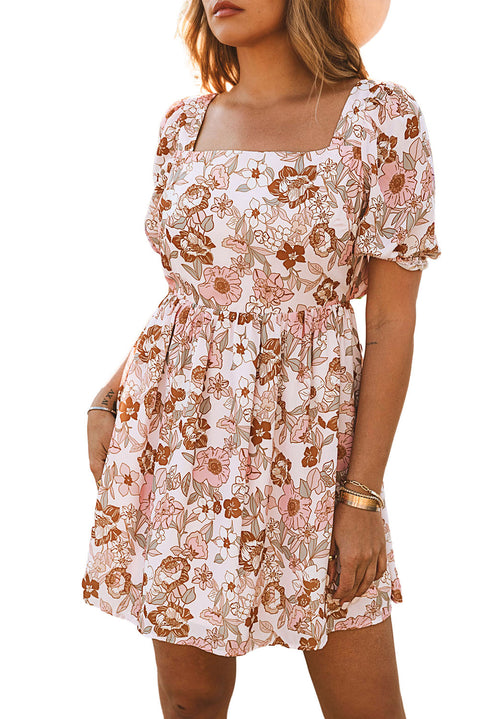 Floral Print Bow Knot Backless Square Neck Mini Dress