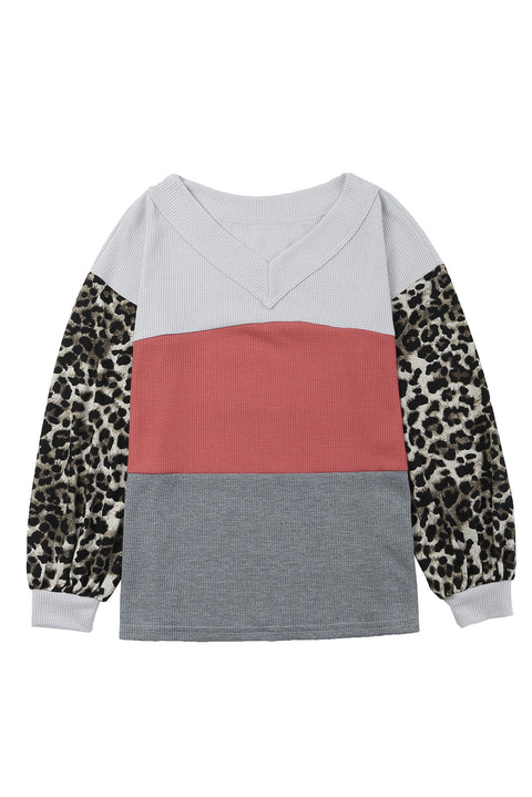 Wild Leopard Contrast Sleeve Colorblock Waffle Knit Top