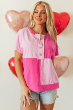 Pink Two Tone Half Buttons Collared T Shirt