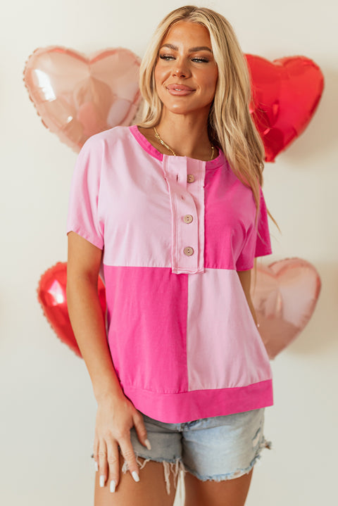 Pink Two Tone Half Buttons Collared T Shirt