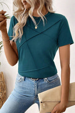 Blue Sapphire Solid Color Toothpick Stripe Round Neck T Shirt