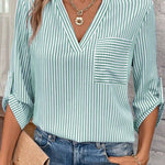 Green Stripe V Neck Roll Up Sleeve Pocket Patched Classic Shirt