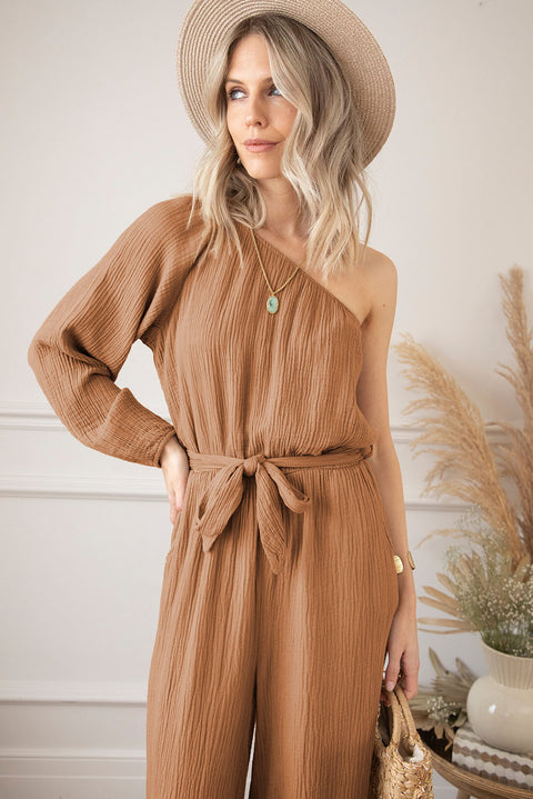 Khaki Crinkled Texture One-shoulder Loose Jumpsuit