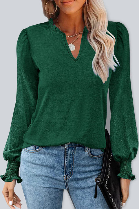 Frill V Neck Puff Long Sleeve Top