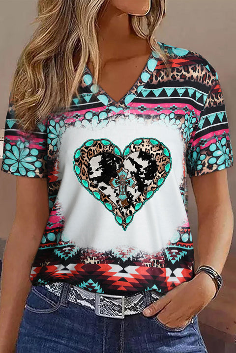 Green Western Turquoise Aztec Heart Shaped Graphic T Shirt