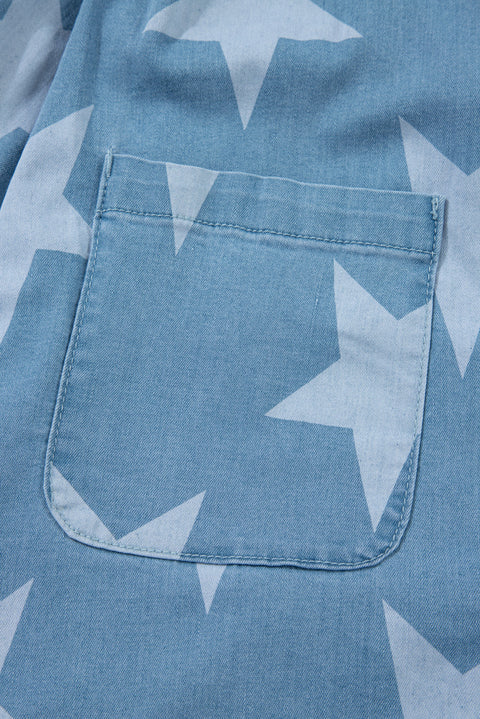 Light Blue Star Printed Buttoned Straps Pocketed Denim Romper