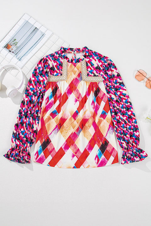 Rose Red Abstract Geometric Pattern Patchwork Puff Sleeve Blouse