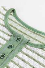 Green Stripe Textured Frilly Trim Buttons Henley Long Sleeve Top