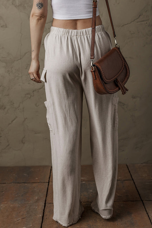 Beige Boho Linen Drawstring Waist Raw Edge Cargo Loose Pants