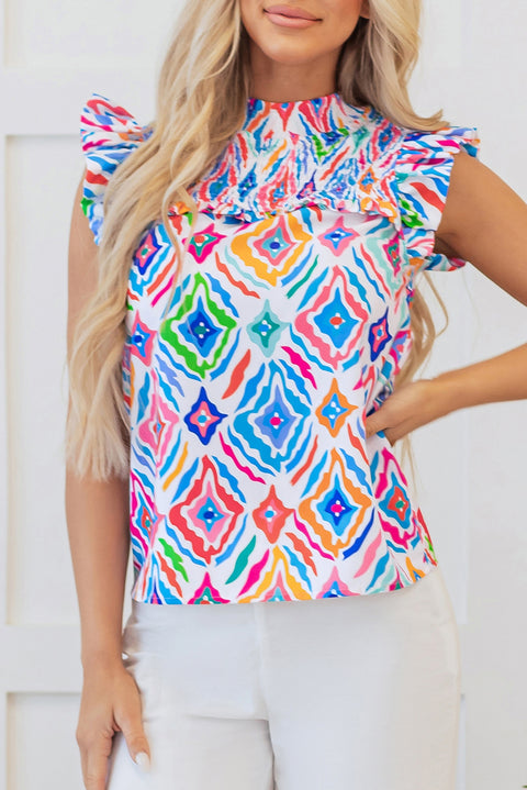 Light Blue Geometric Printed Flutter Sleeve Mock Neck Shirred Blouse