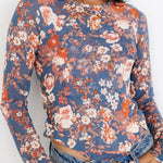 Orchid Petal Floral Print Mesh Fitted Long Sleeve Top