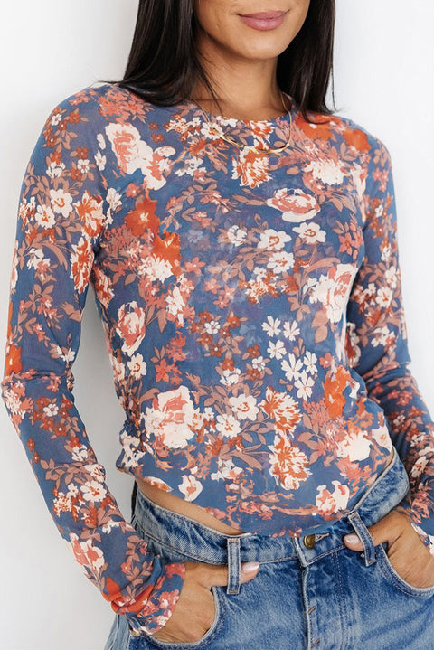 Orchid Petal Floral Print Mesh Fitted Long Sleeve Top