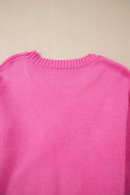 Bright Pink Corded Flower Bow Ribbed Trim Casual Sweater