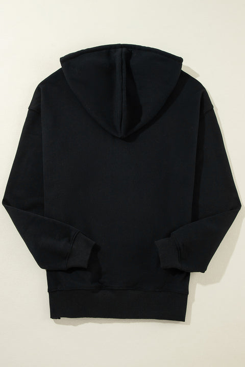 Black Fleece Lined Kangaroo Pocket Drawstring Chunky Hoodie