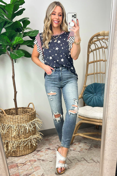 Gray Striped Ruffled Sleeve Star Print T Shirt