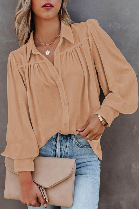 Solid Color Button Up Puff Sleeve Blouse