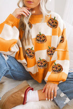 Grapefruit Orange Sequined Halloween Pumpkin Checkered Pattern Puff Sleeve Sweater