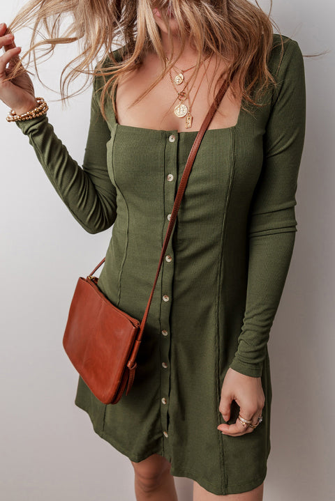 Guacamole Green Rib Knit Square Neck Buttoned Long Sleeve Mini Dress